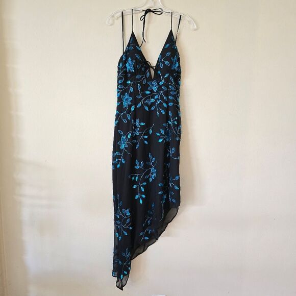 CACHE Vintage Asymmetrical Dress Embellished Glam Size Large Black Blue Y2K 90s - Picture 5 of 13
